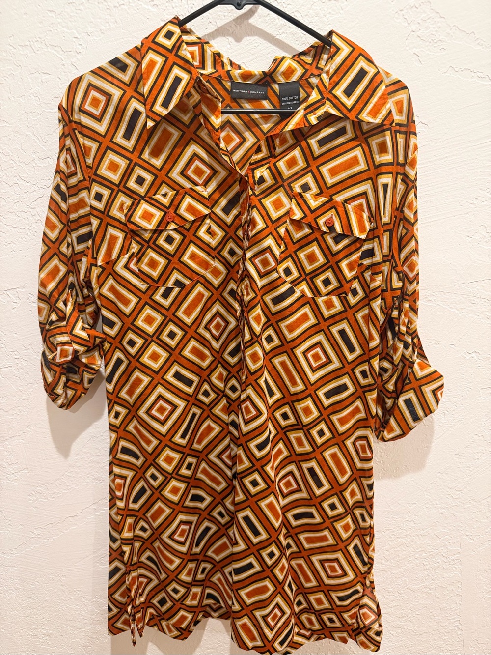 New York & Company Geometric Print Midi Dress in Orange and Brown